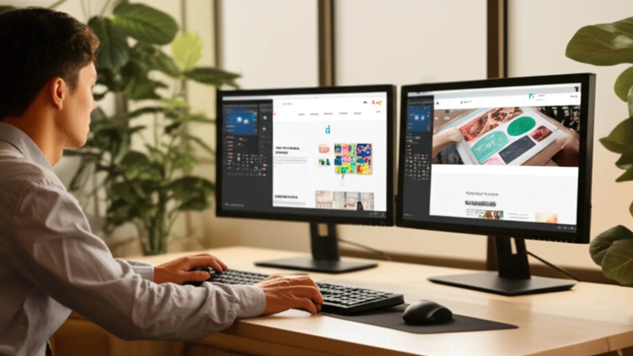 Web designer using AI tools on dual monitors to create a custom website in a modern Singapore office