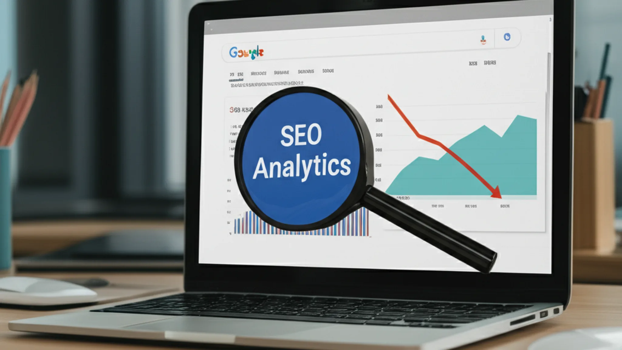 Google search analytics on laptop screen showing SEO performance data in a Singapore office