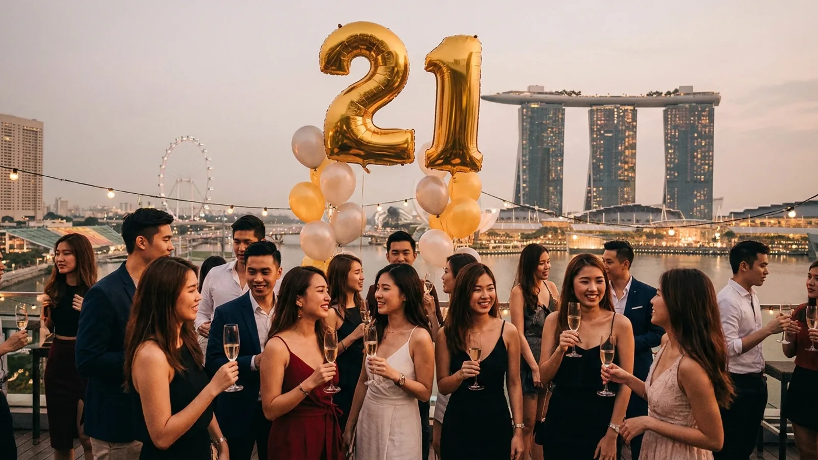 Young adults celebrating a dressed-up 21st birthday party at a stylish venue in Singapore with balloons and lights