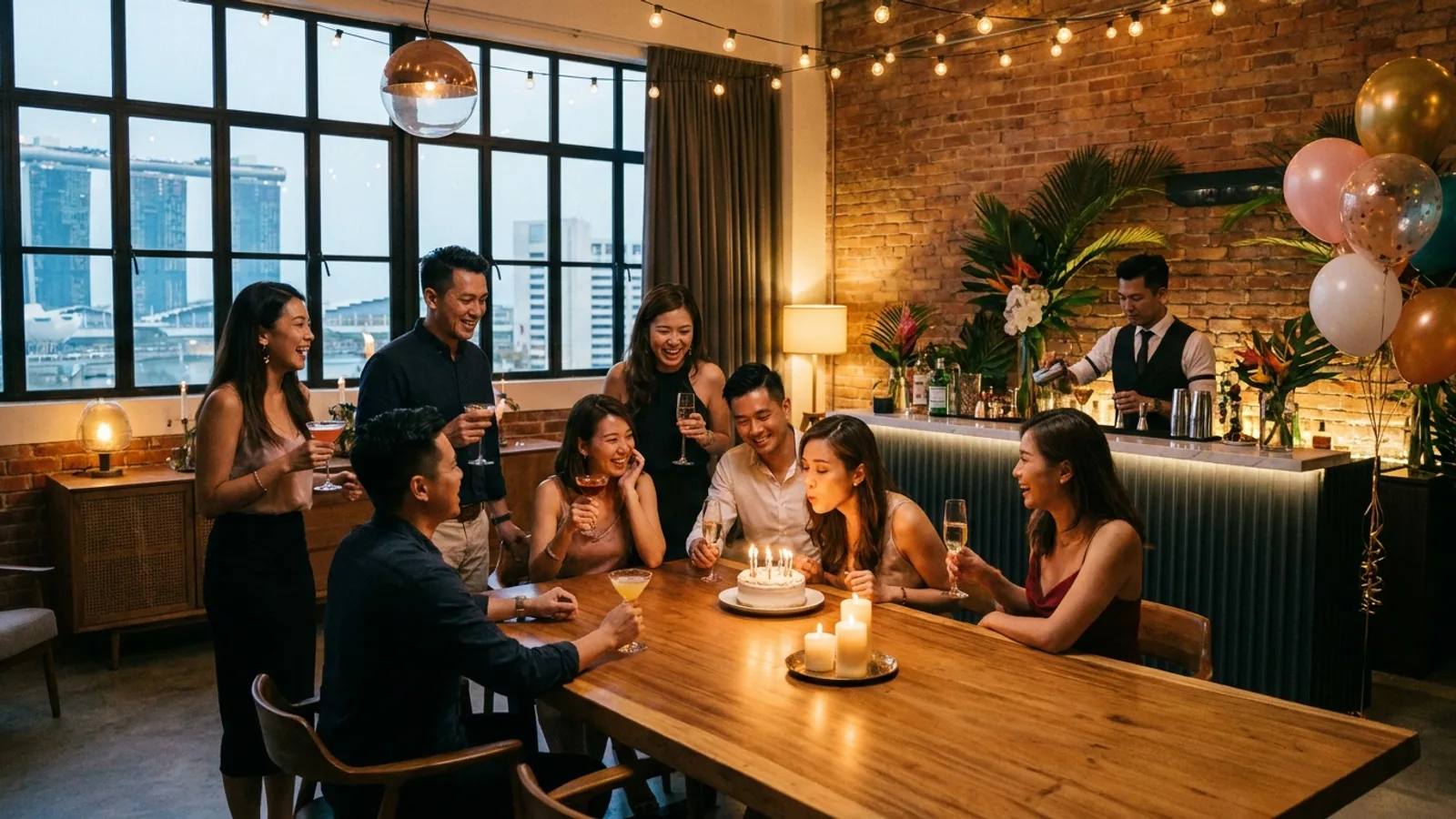 A stylish private party room in Singapore set up for an adult birthday celebration with a group of friends