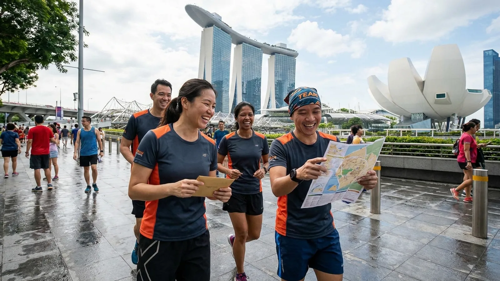 A team racing through Singapore city streets on an amazing race team building challenge, checking clues with the Marina Bay skyline behind