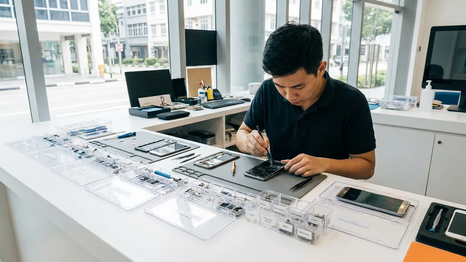 A technician replacing the curved AMOLED display of an Android smartphone on a clean repair bench in a Singapore phone repair shop