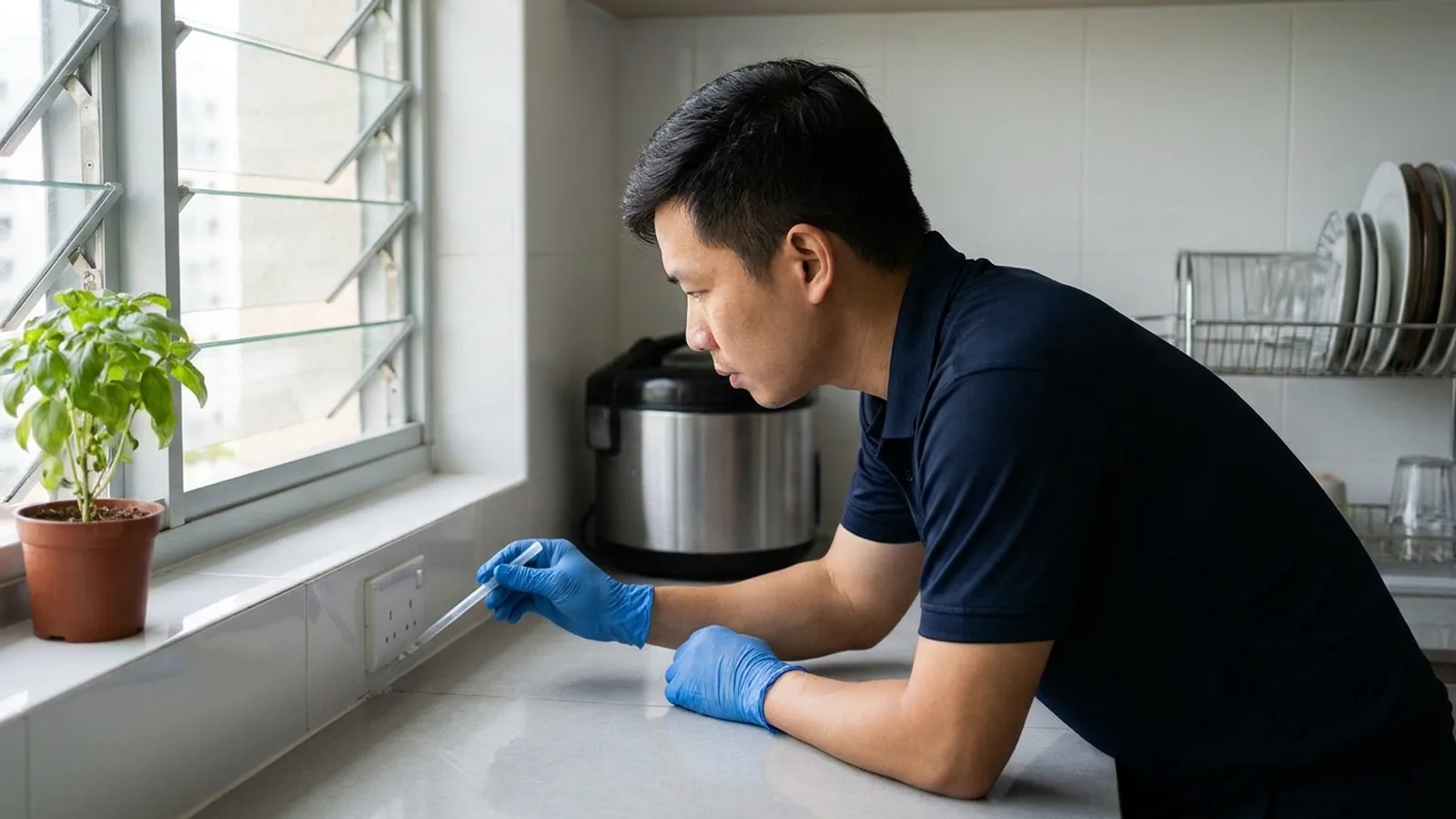 A pest control technician placing a small dot of ant bait gel beside a power socket in a Singapore HDB kitchen