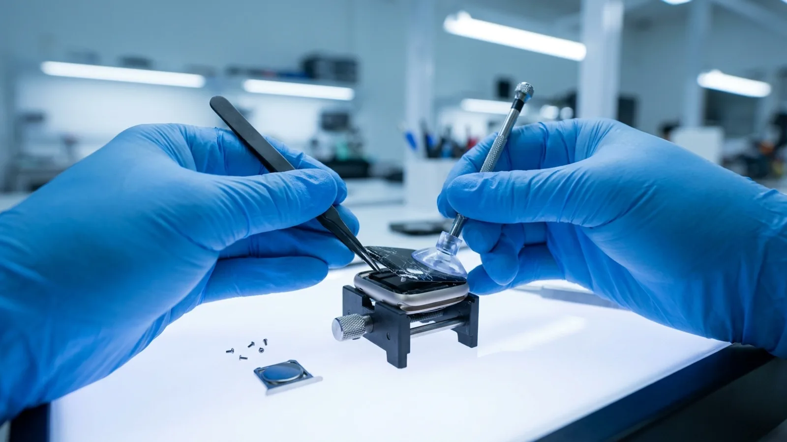A repair technician using precision tools to lift a cracked display off an Apple Watch on a clean, well-lit repair bench in a modern Singapore repair shop