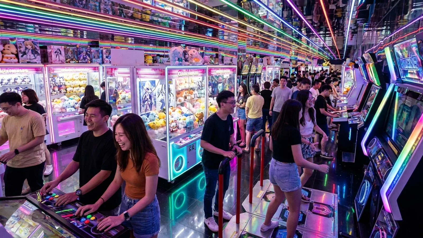 A colourful modern arcade in Singapore packed with claw machines and arcade games under vibrant neon lights, people playing