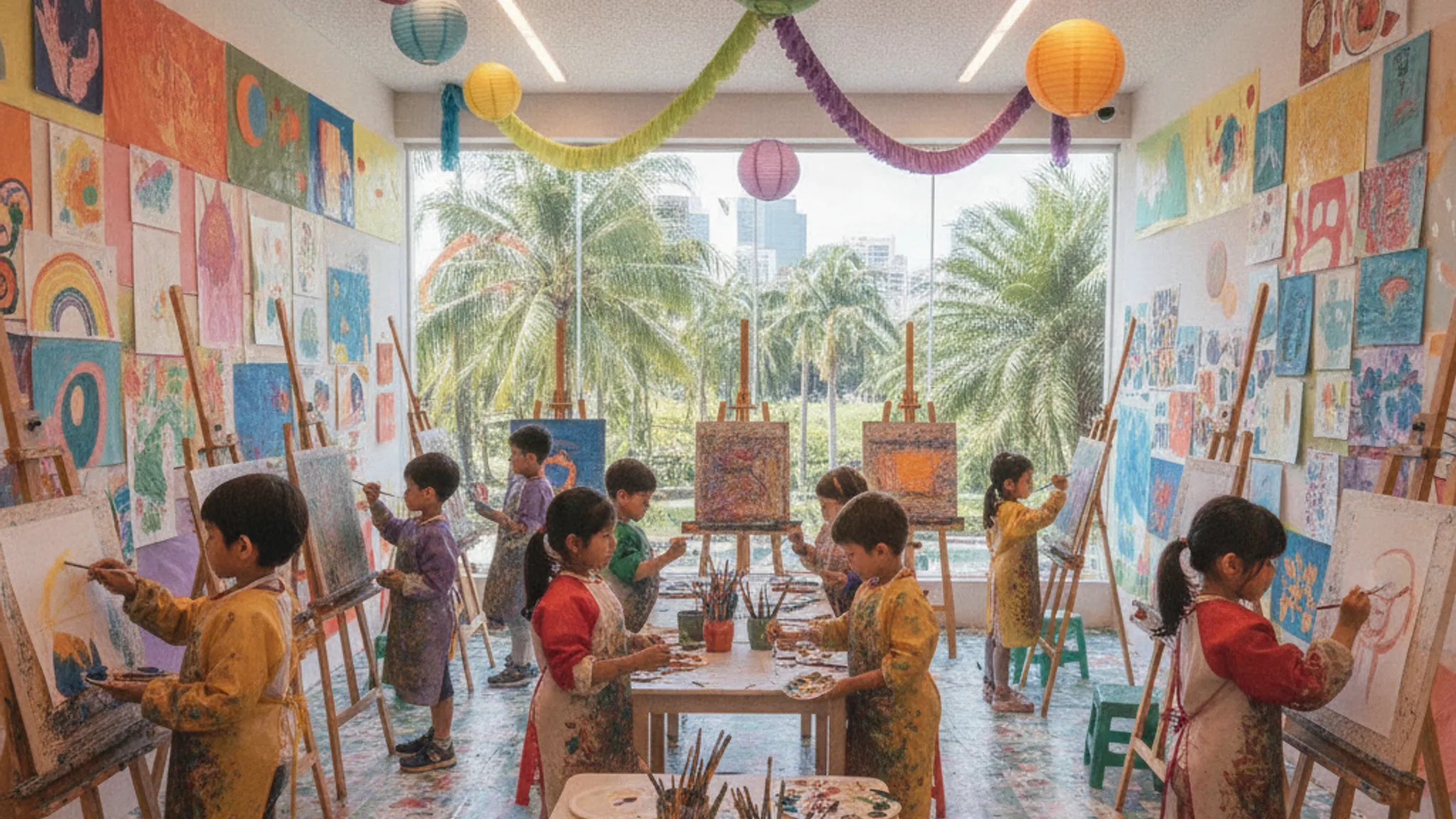 A colourful kids art studio in Singapore with diverse children painting at easels, the kind of setting you want when choosing kids art classes in Singapore