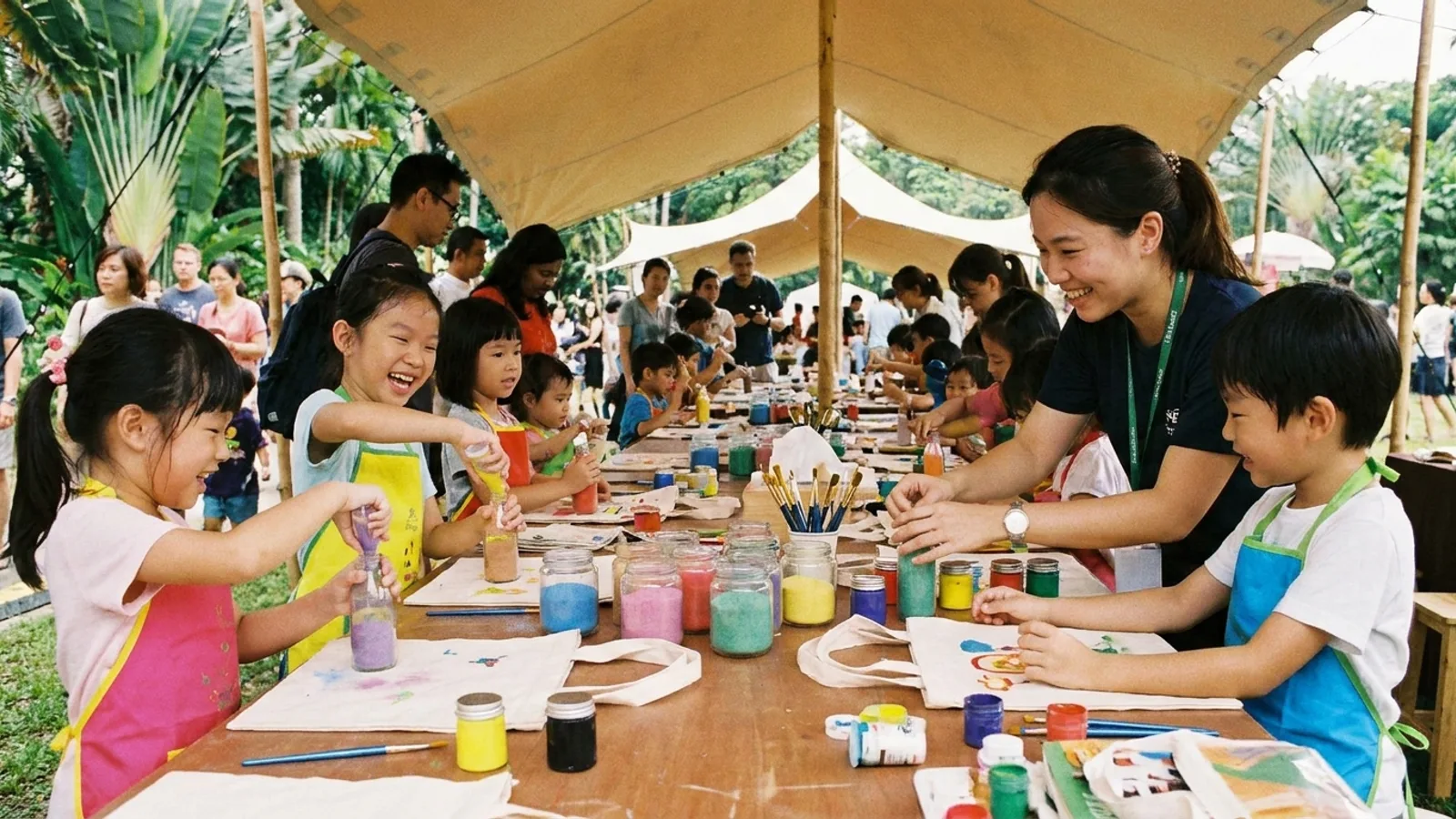 An art and craft station at a Singapore event, with children making sand art and painting tote bags at a booth