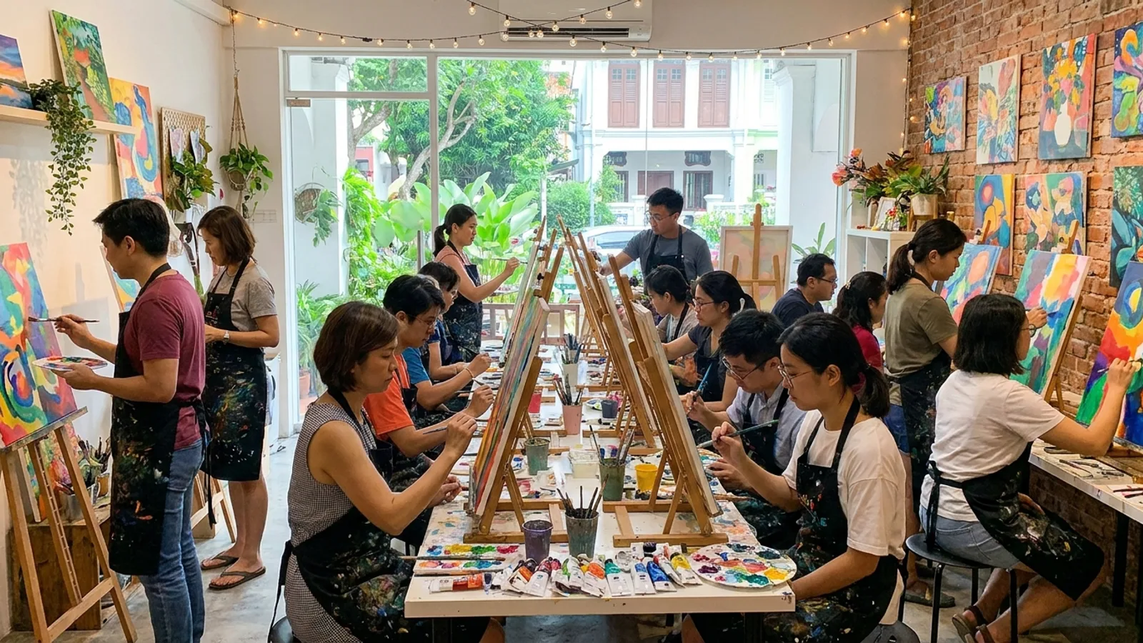 A relaxed art jamming studio in Singapore with people painting colourful canvases on easels in a bright, creative space