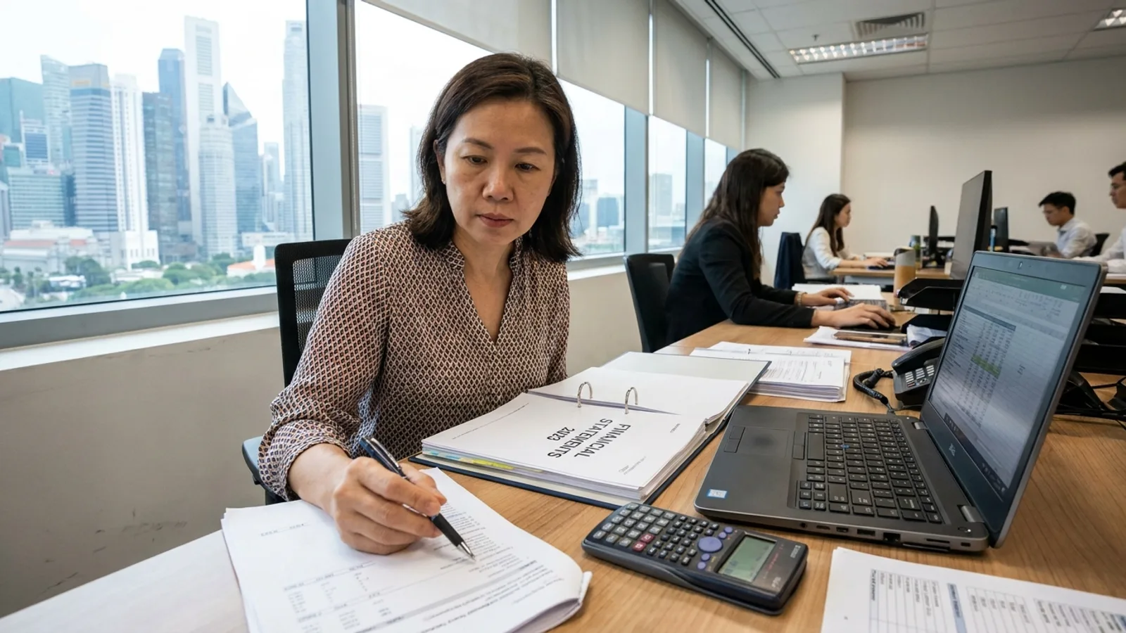 An auditor reviewing financial statements and figures at a desk in a Singapore accounting office