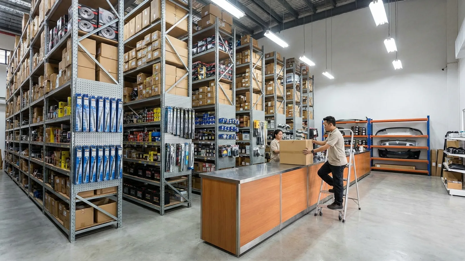 Rows of organised shelving in a Singapore auto parts warehouse stacked with boxed brake discs, filters, batteries and body panels, a staff member pulling a part for a customer under bright lighting