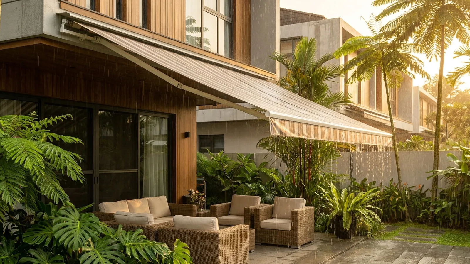 A retractable fabric awning shading a landed-house patio in Singapore during light tropical rain