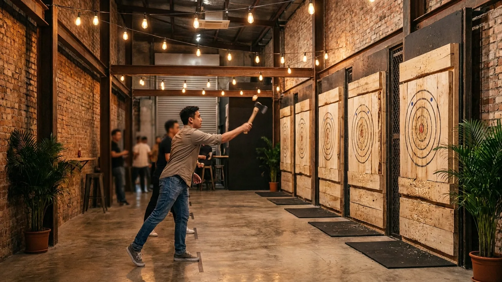 An indoor axe throwing venue in Singapore with wooden target boards and a person throwing a hatchet in a rustic, warmly lit interior