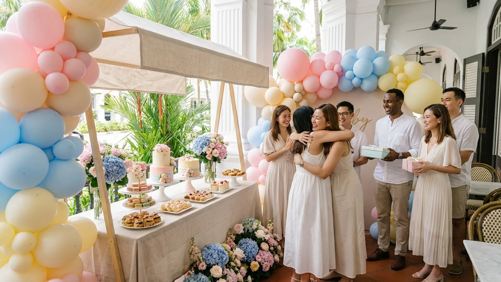 A softly decorated baby shower celebration in Singapore with pastel balloons, a dessert table and guests
