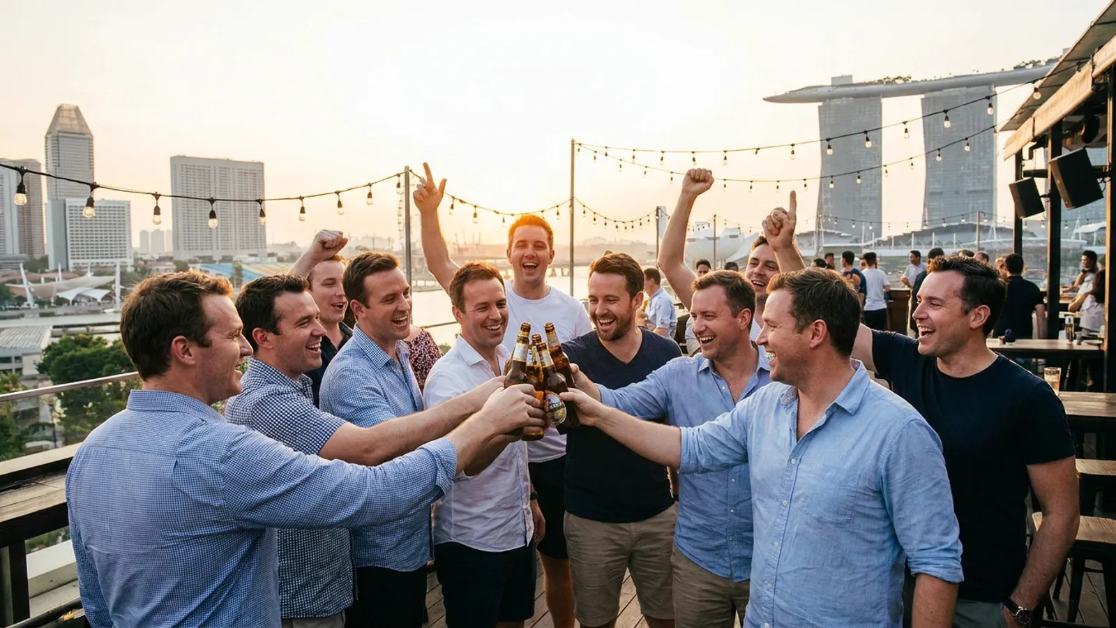 A group of friends celebrating a bachelor party in Singapore with drinks and an activity, energetic and fun
