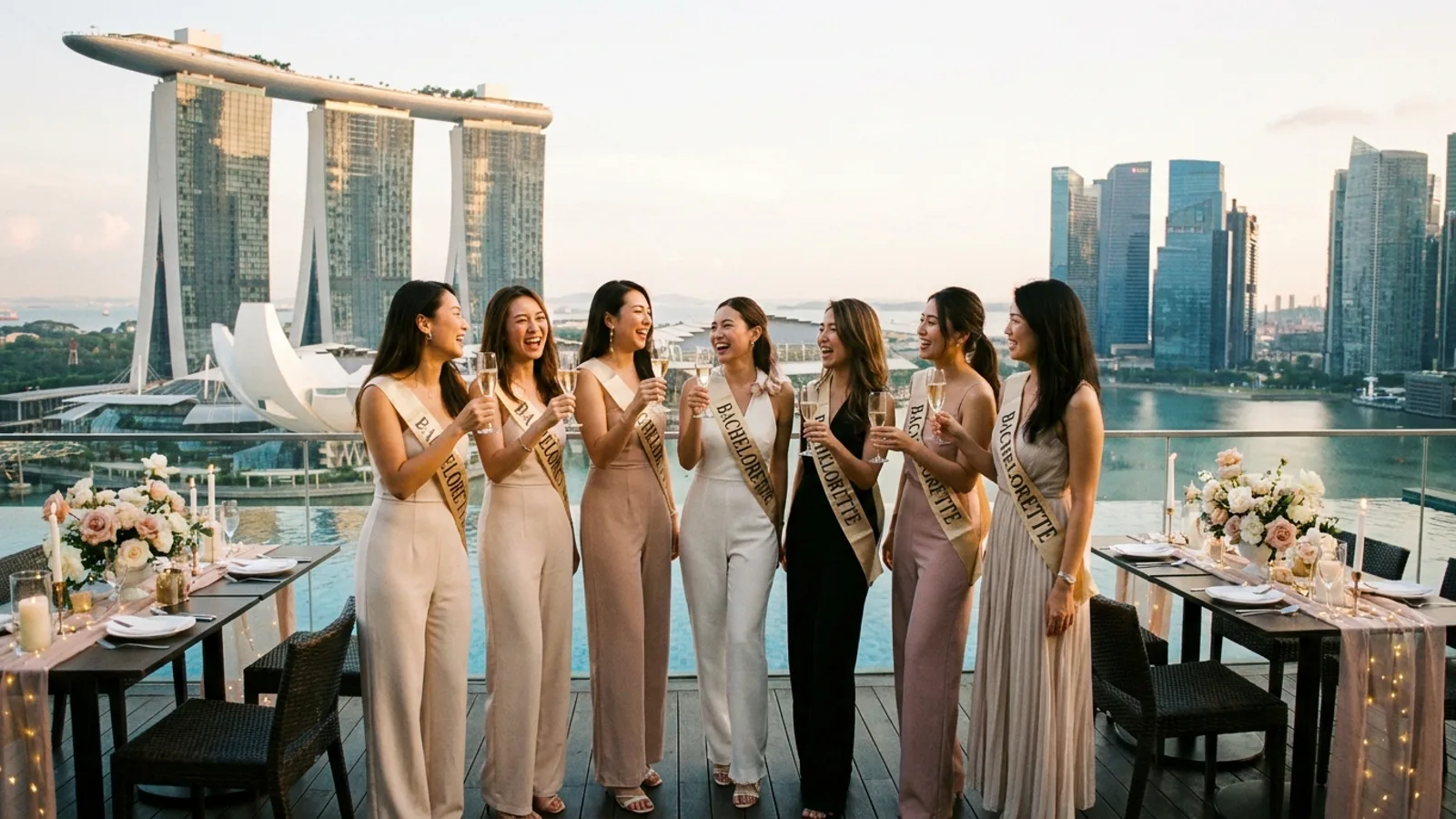A group of women celebrating a bachelorette party in Singapore with drinks, decorations and a happy bride-to-be
