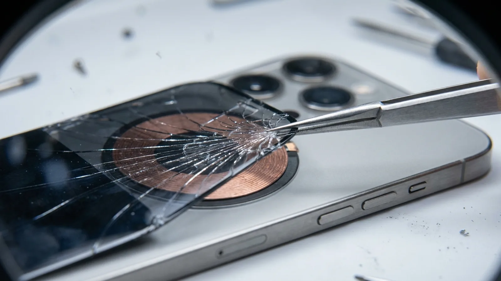 A close-up of a cracked iPhone rear glass panel being lifted off the aluminium frame on a clean repair bench in a Singapore phone repair shop