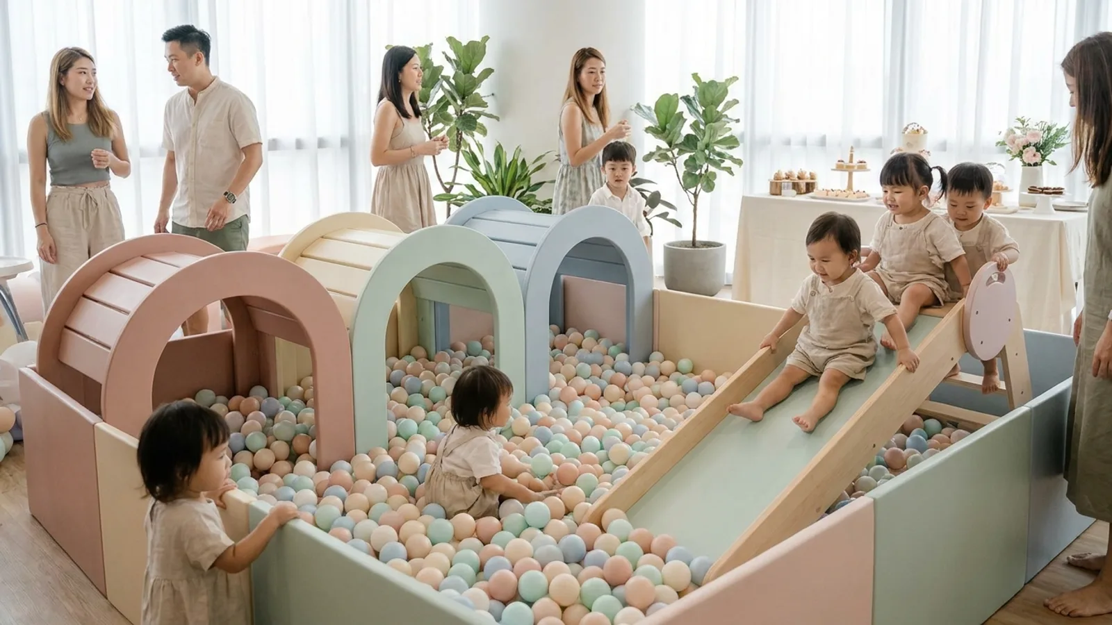 A colourful modular rainbow ball pit with a small slide set up at a Singapore party, filled with soft play balls
