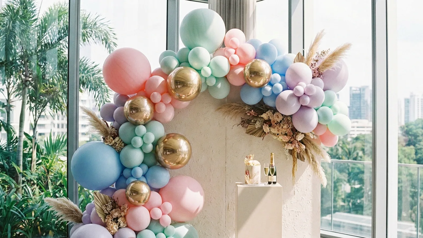 A colourful organic balloon garland and arch backdrop set up for a birthday party in Singapore