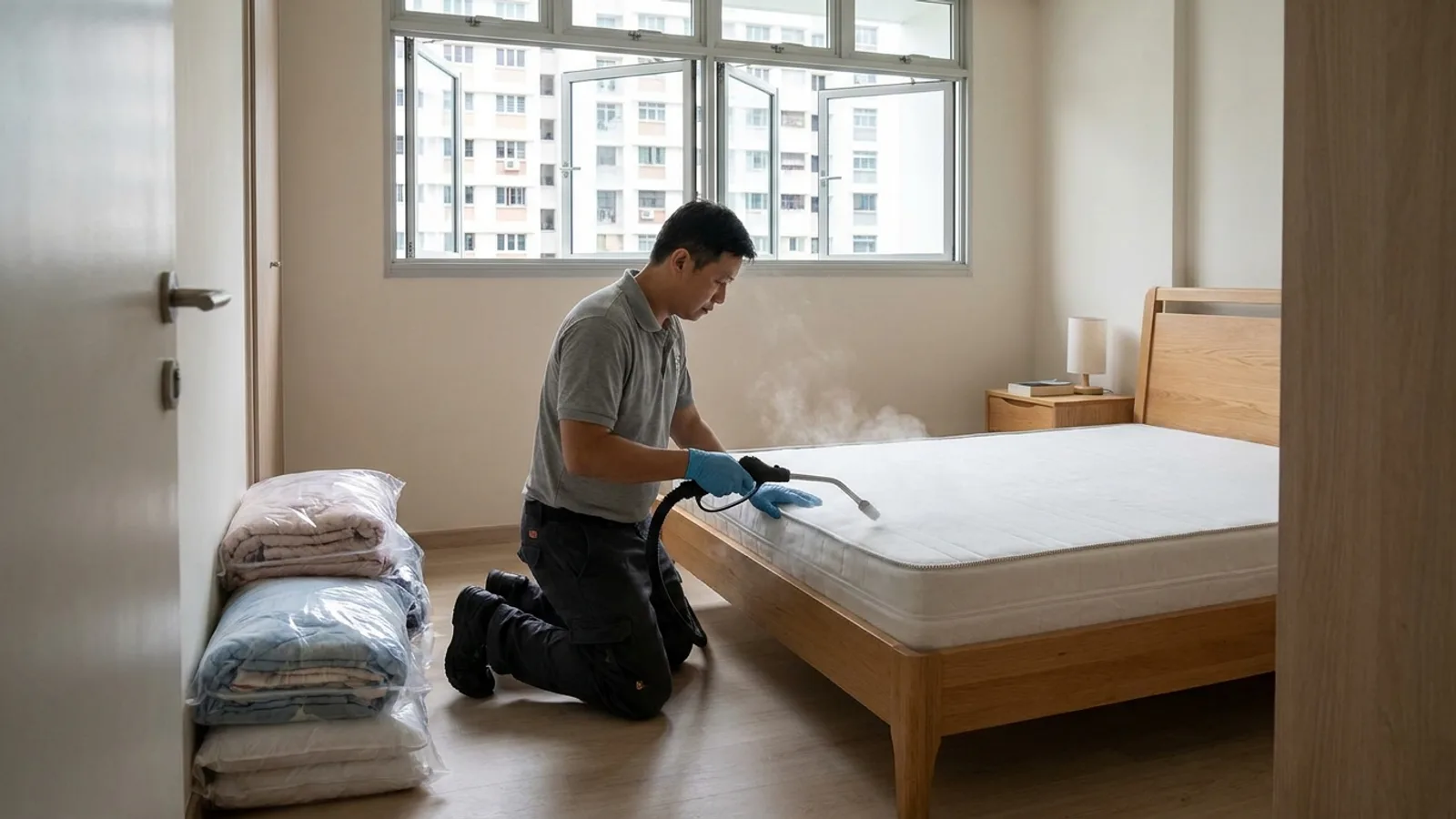 A pest control technician steaming the seams of a stripped mattress in a Singapore HDB bedroom, with bedding sealed in plastic bags by the door