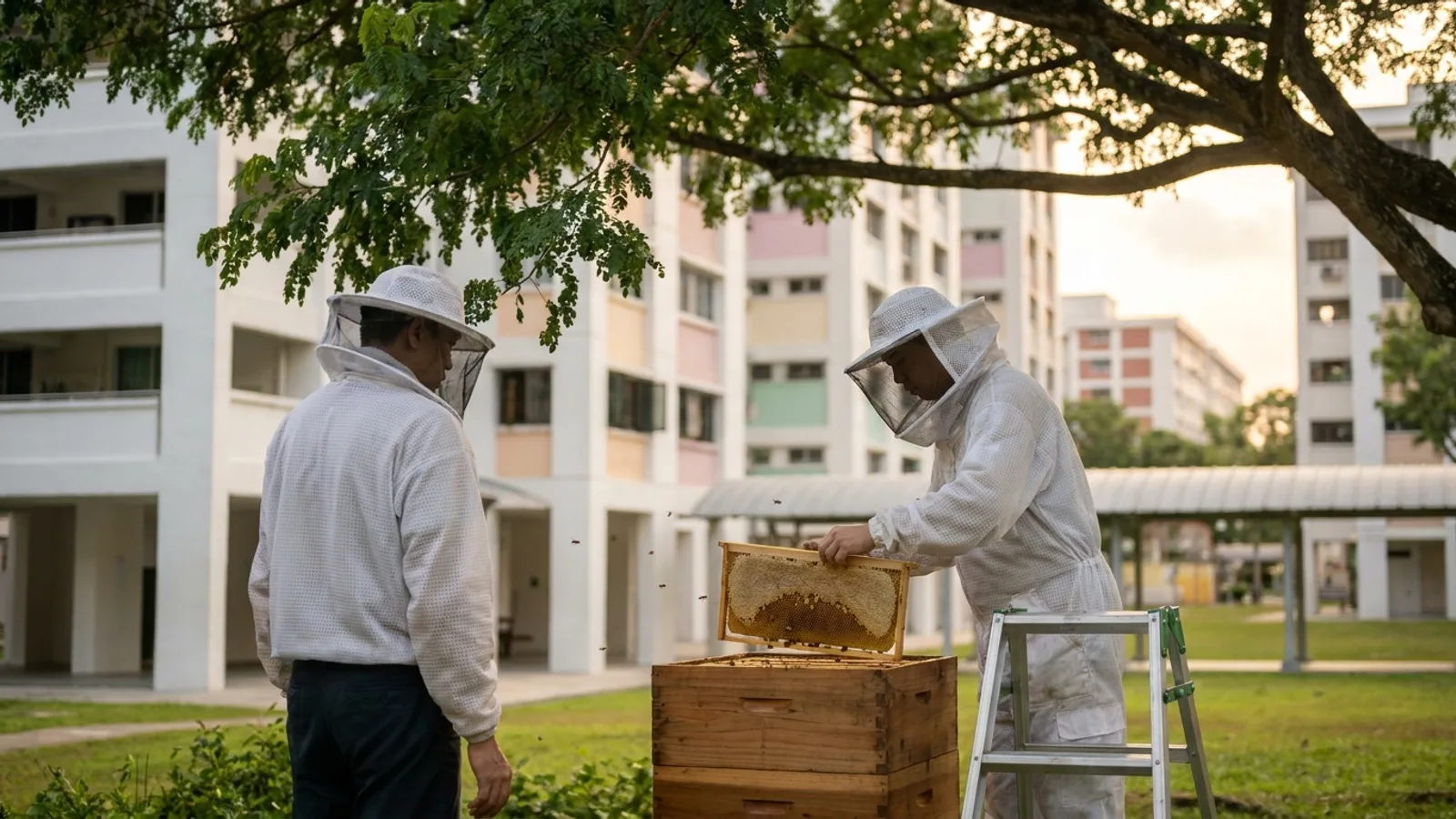 Two beekeepers in white bee suits lowering a honeycomb frame into a wooden hive box under a rain tree beside HDB blocks in Singapore