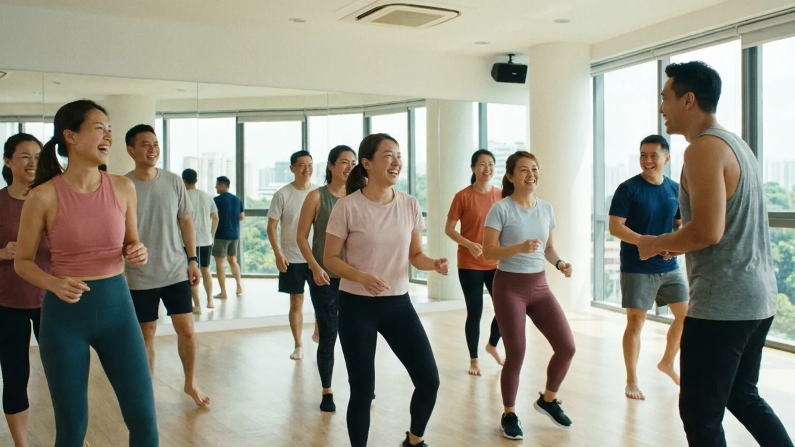 A smiling group of adult beginners following an instructor through a simple eight-count in a bright mirrored Singapore dance studio