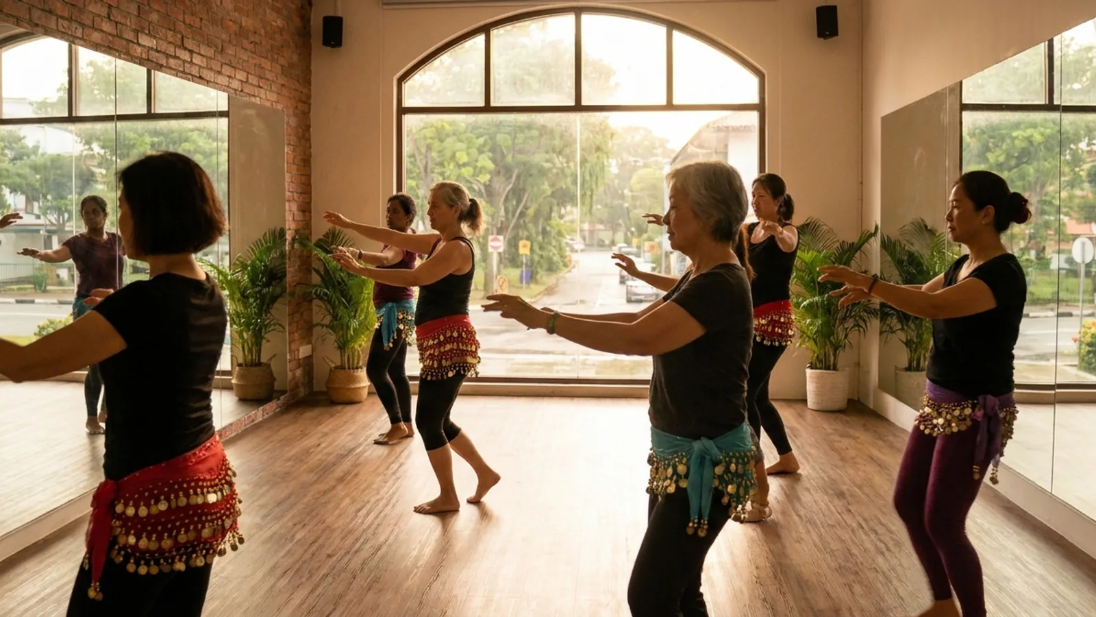 A group of women mid-pose during a belly dance class in a bright Singapore studio with mirrored walls and flowing hip scarves
