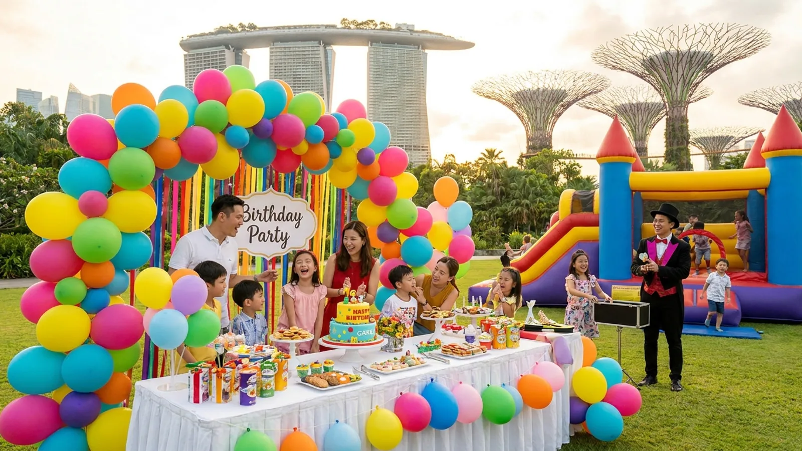 A colourful birthday party in Singapore with balloon decorations, a cake table, a bouncy castle and happy children and parents