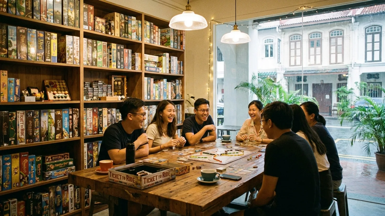 A cosy board game cafe in Singapore with friends playing board games around a wooden table, shelves of games behind them and warm lighting