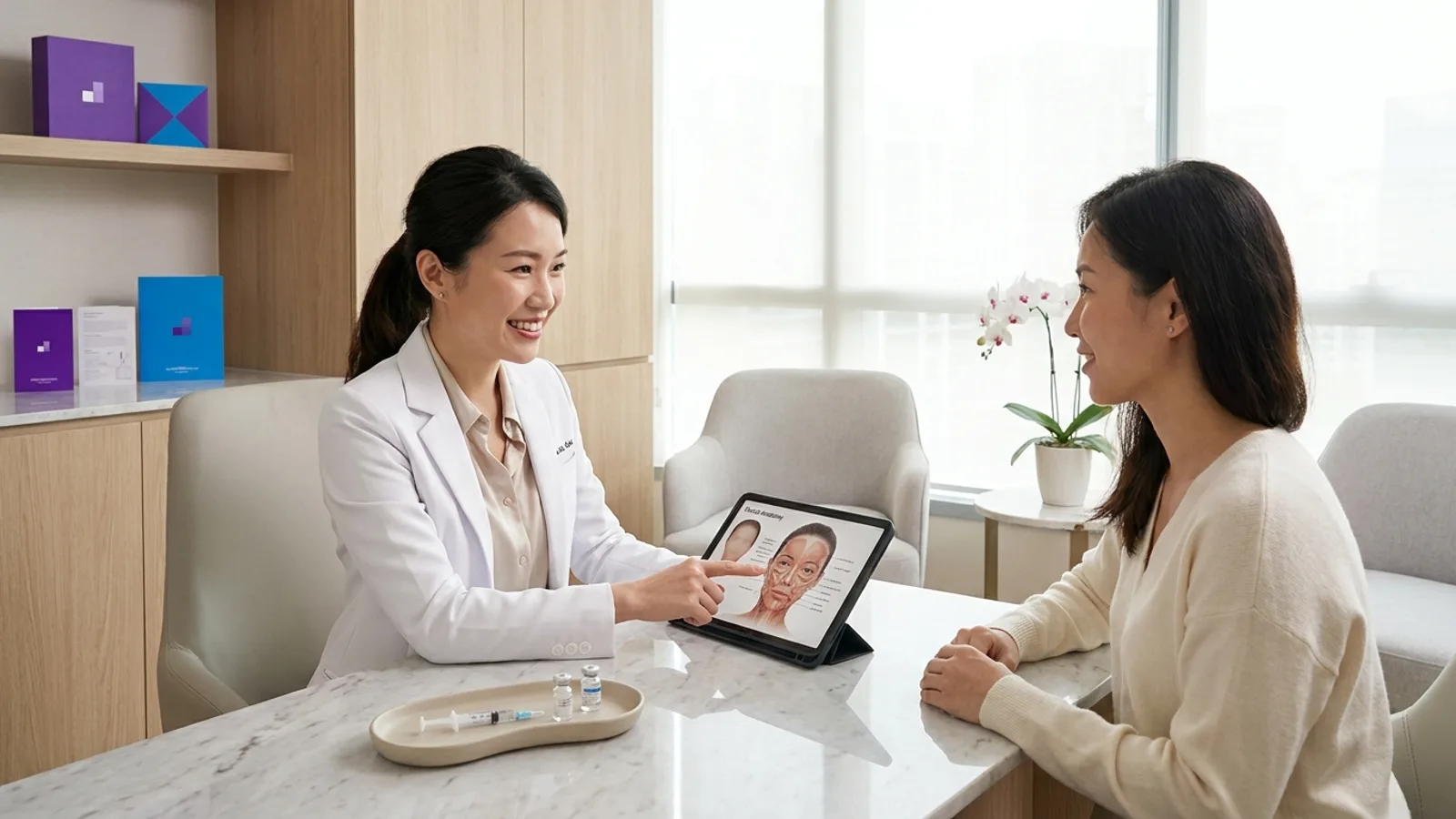 A doctor consulting a patient about Botox treatment in a modern aesthetic clinic in Singapore