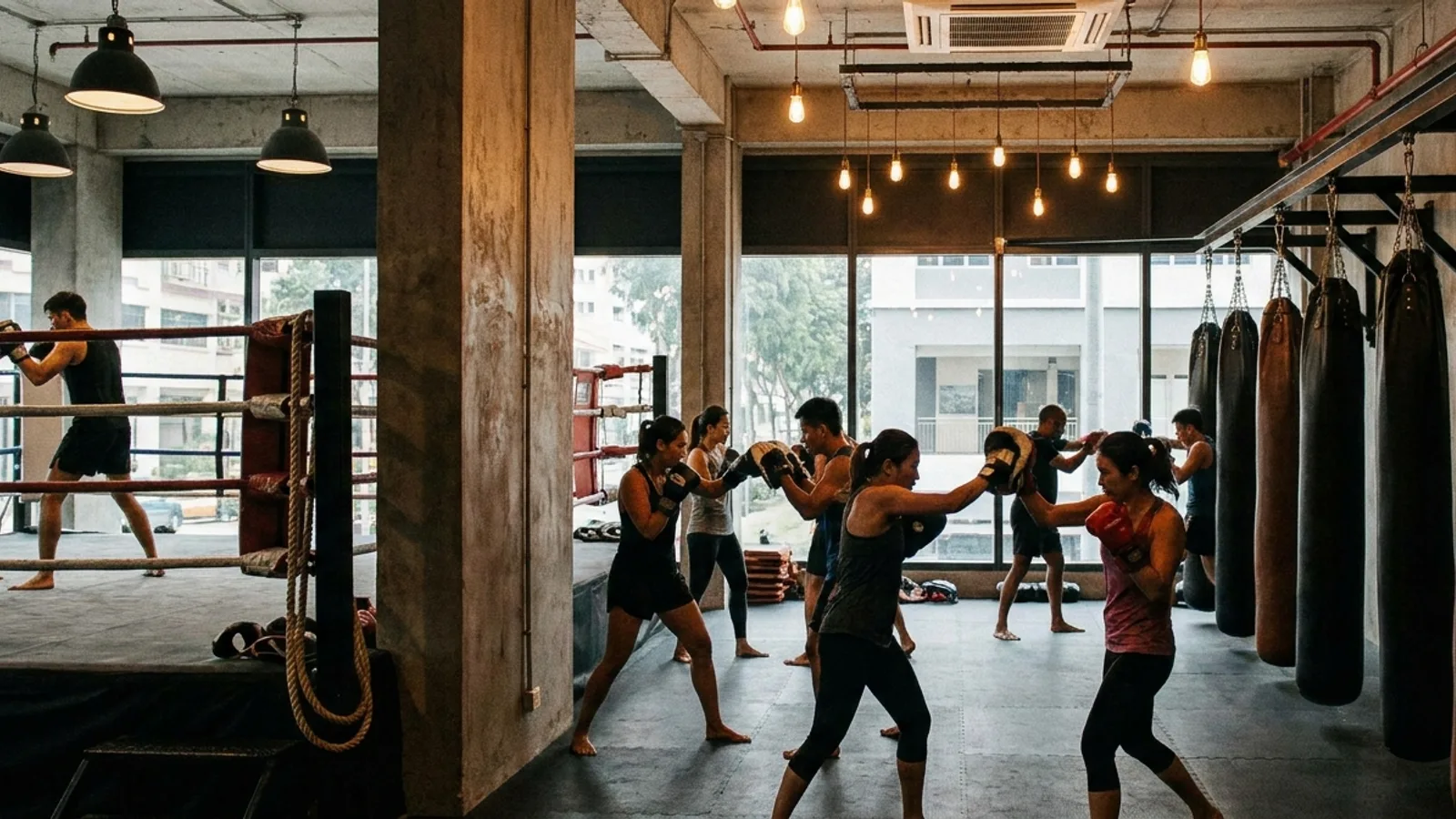 A boxing and Muay Thai gym in Singapore with heavy bags and a ring, people wrapping hands and hitting pads during a class