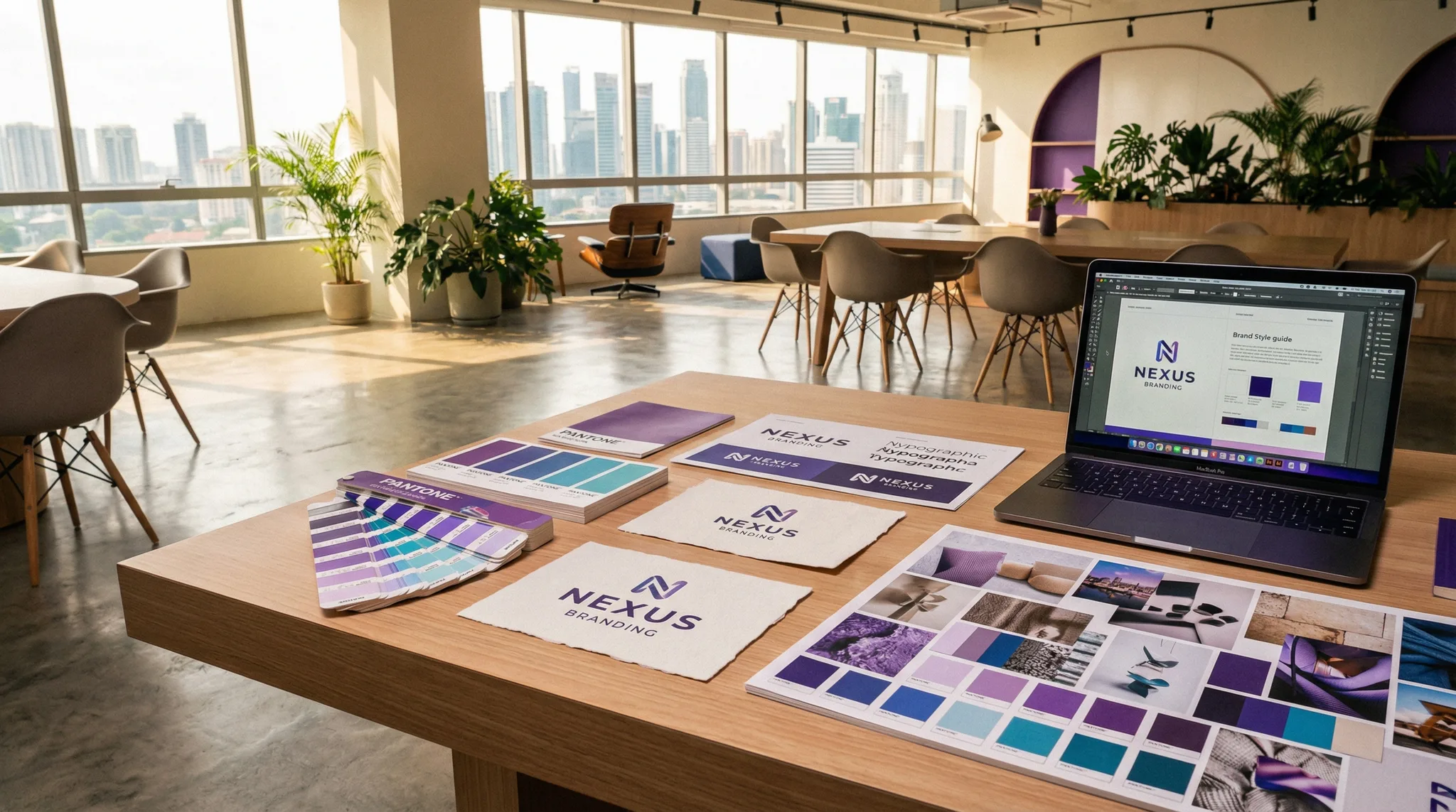 Professional reviewing branding agency portfolios and brand identity presentations in a modern Singapore office