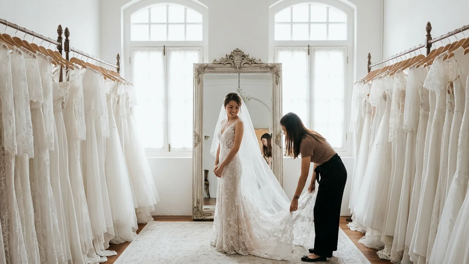 A bride trying on a wedding gown at a bridal studio in Singapore with rows of gowns on display
