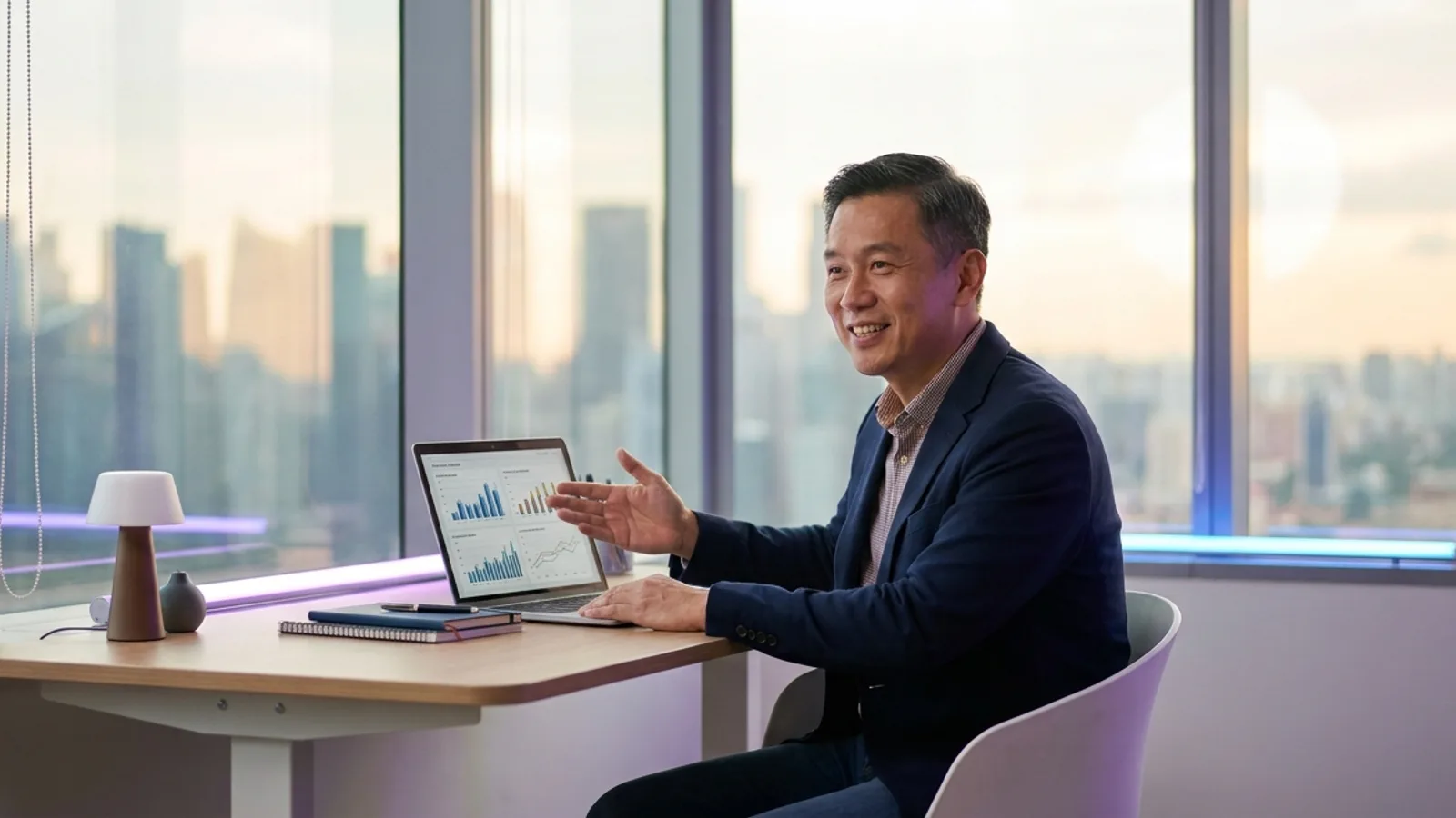 A Singapore SME owner reviewing business financing options on a laptop in an office