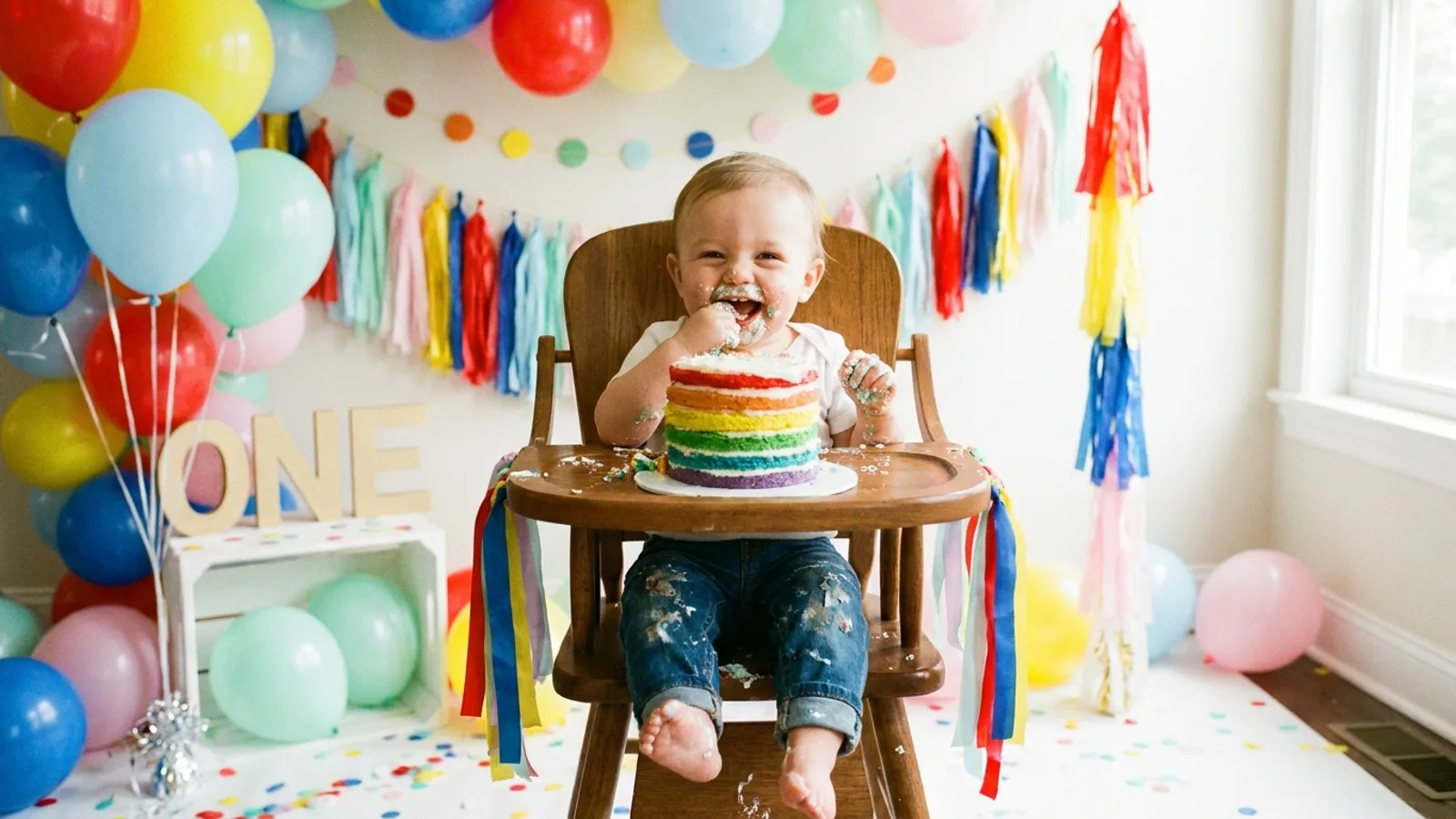 A one-year-old baby joyfully smashing a birthday cake during a colourful cake smash photoshoot in a Singapore studio