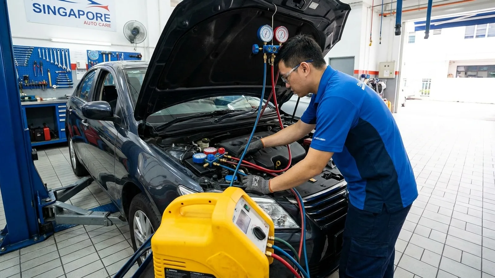 A technician in a Singapore workshop connecting a refrigerant gauge and recovery machine to a car engine bay, checking the air conditioning system with the bonnet raised