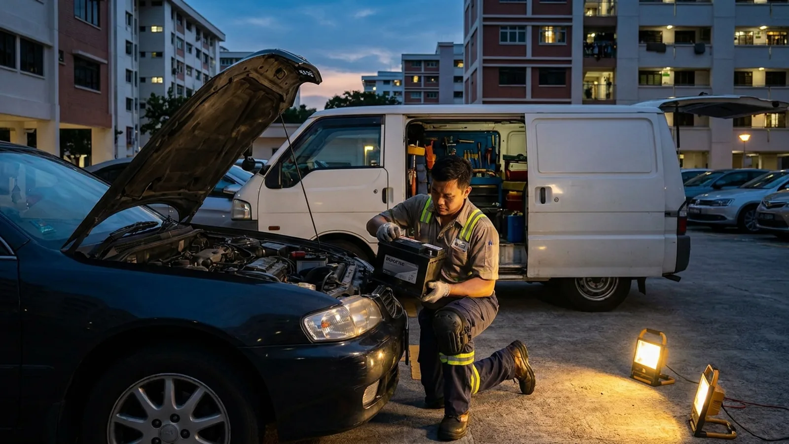 A mobile technician in a Singapore multi-storey carpark replacing a car battery, bonnet up, holding a fresh battery beside the engine bay with a service van in the background
