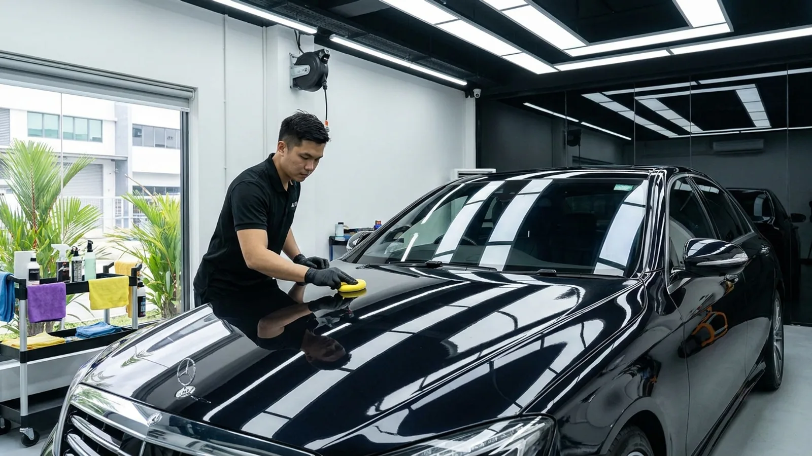 A detailer in a clean studio applying ceramic coating to a glossy car with an applicator pad, deep reflections on the paintwork under controlled lighting