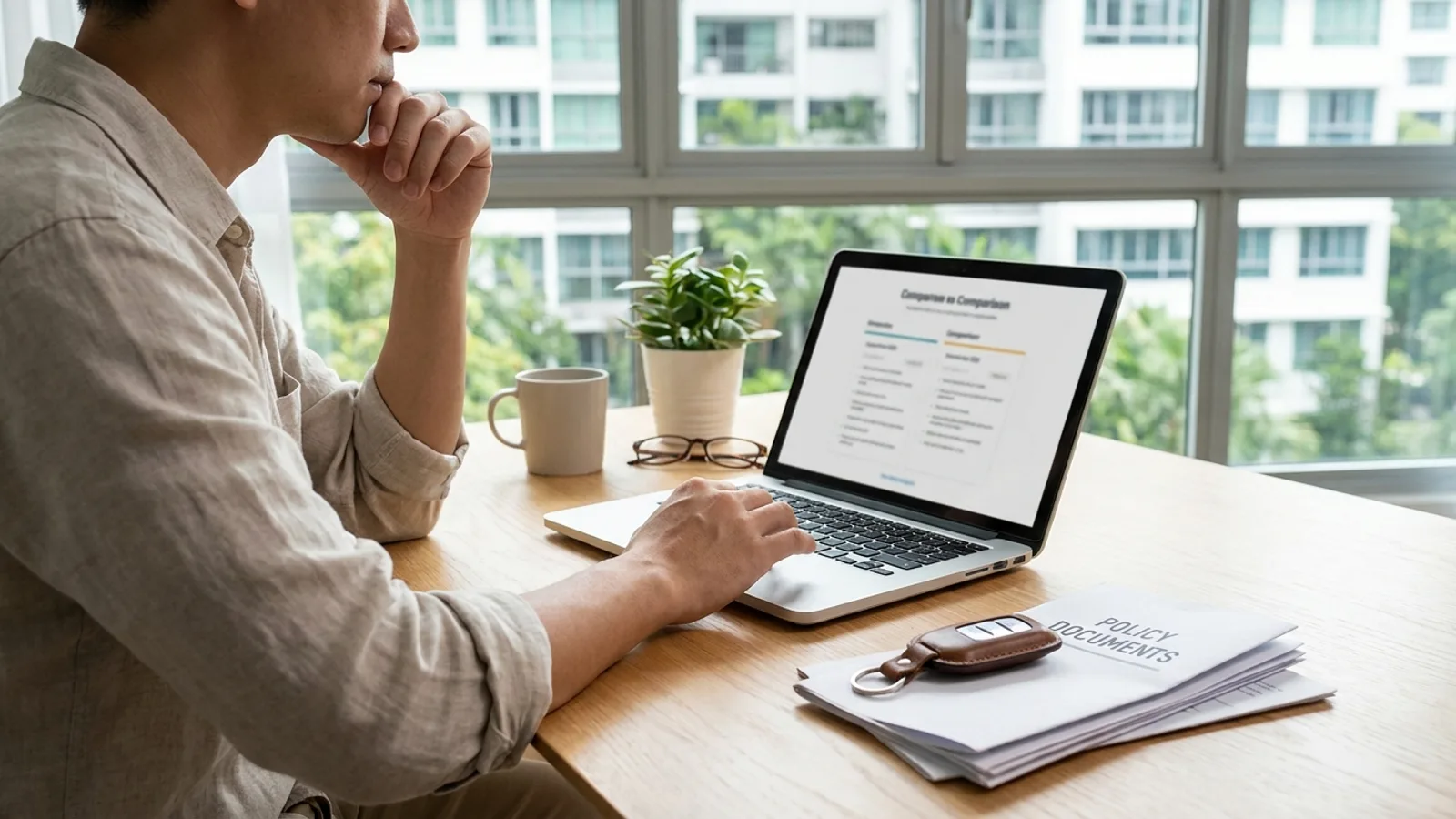 A driver comparing car insurance quotes on a laptop with a car key and documents on the desk, bright modern home office setting in Singapore