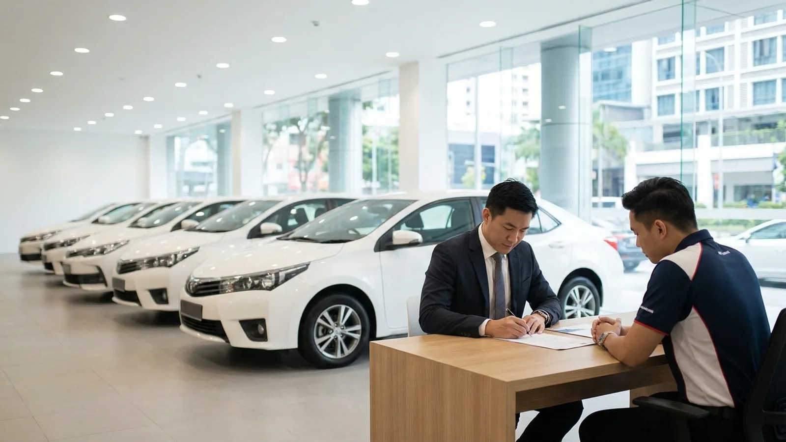 A row of new fleet cars at a Singapore leasing company showroom, a business professional reviewing a lease agreement, bright modern setting