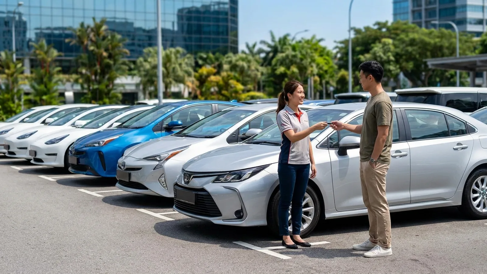 A row of clean rental cars parked at a Singapore car rental branch, a customer receiving keys from a staff member, bright daytime setting