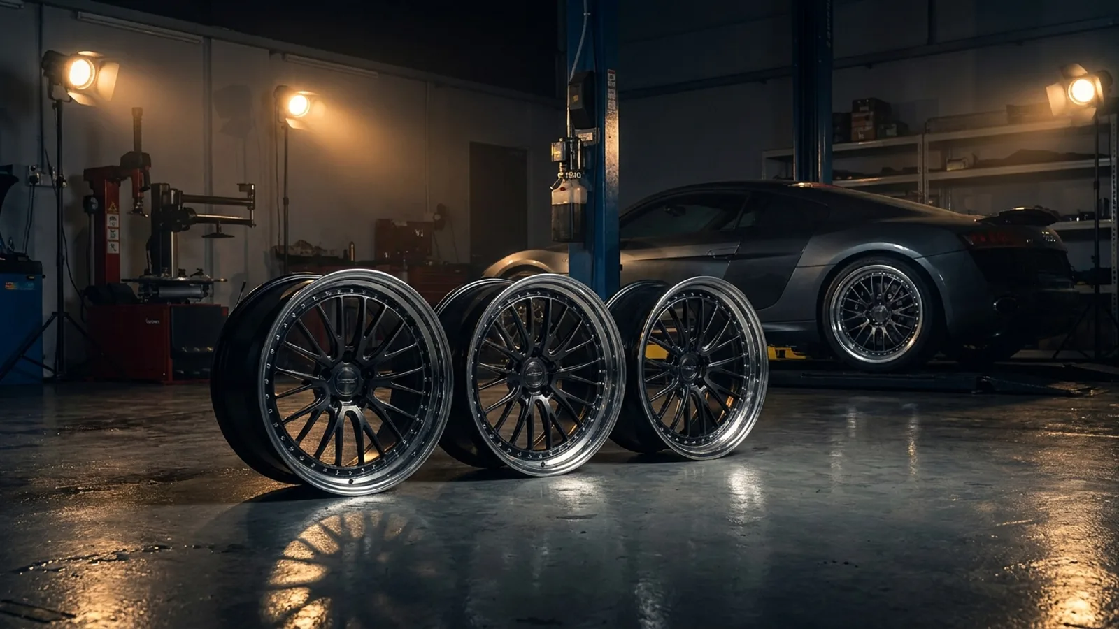 A set of glossy forged alloy sport rims lined up in a clean Singapore workshop, deep spoke detail and machined lips catching the light