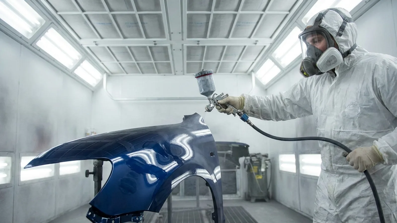 A technician in protective gear spray painting a car panel inside a professional dust-free spray booth in Singapore, even lighting on glossy fresh paint
