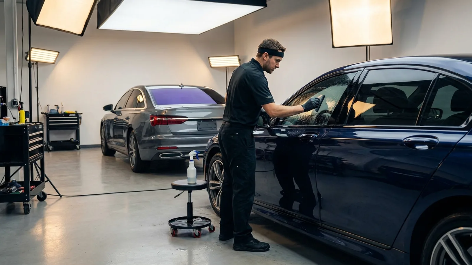A technician carefully applying solar film to a car door window in a clean, well-lit workshop, squeegeeing out the water under a dark tinted rear glass