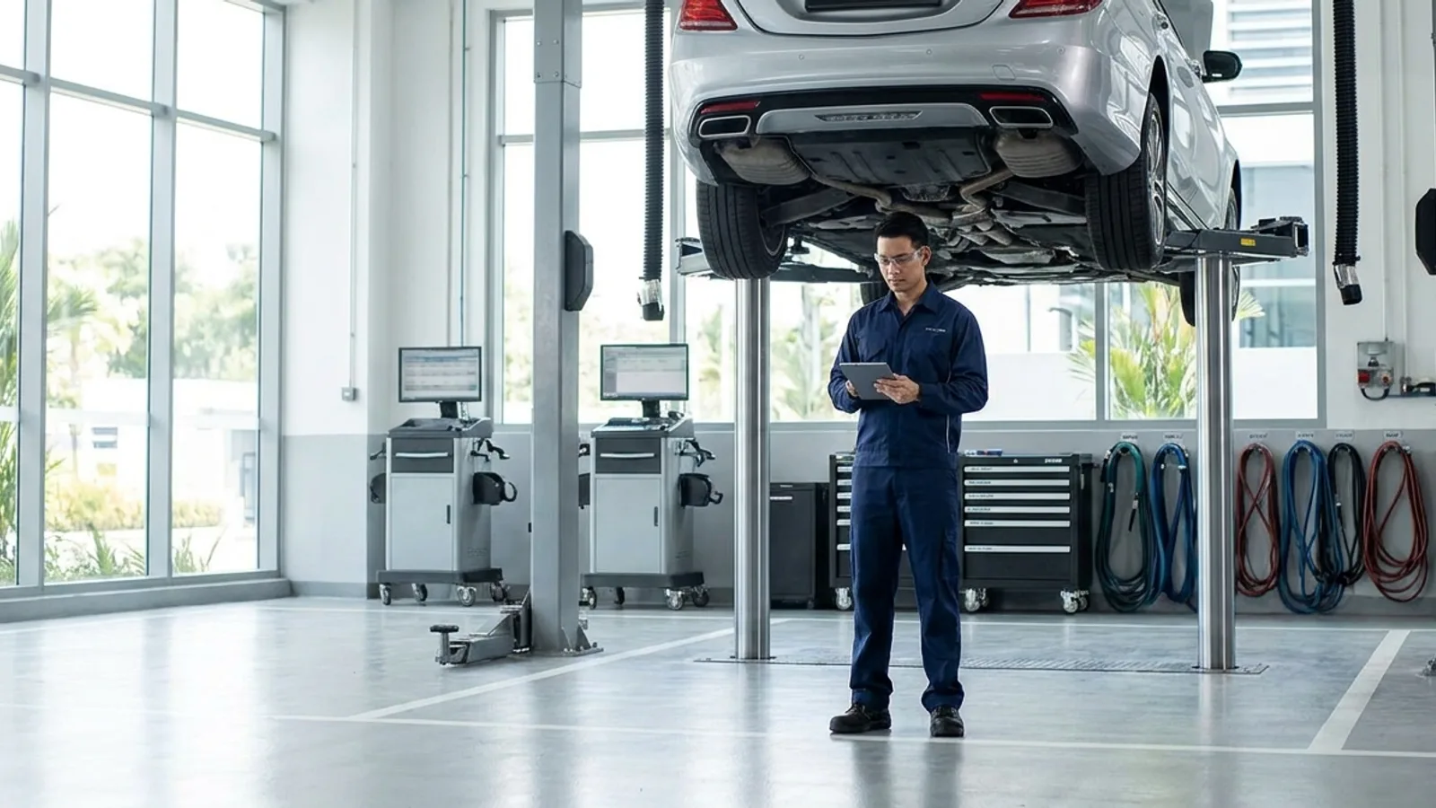 A clean, professional car workshop in Singapore with a mechanic inspecting a car on a hydraulic lift, modern diagnostic equipment in the background