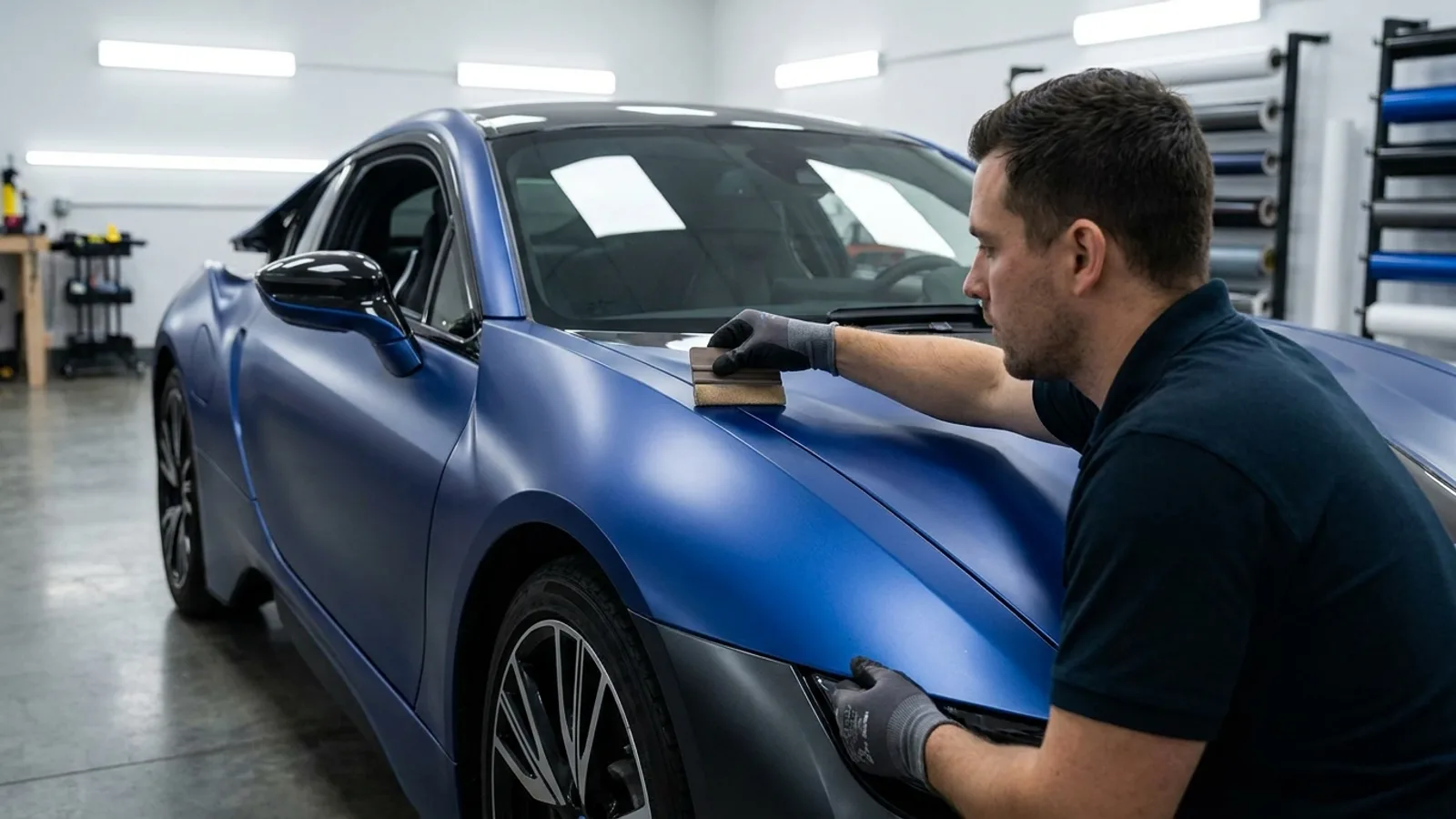 An installer carefully squeegeeing a satin colour-change vinyl wrap onto the panel of a car in a clean, well-lit studio, the film smoothing over a curved body line