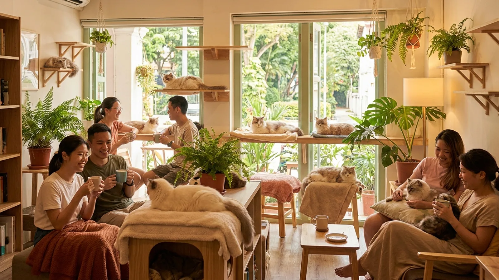 A cosy cat cafe in Singapore with cats lounging while people relax with coffee in a warm, bright, plant-filled interior