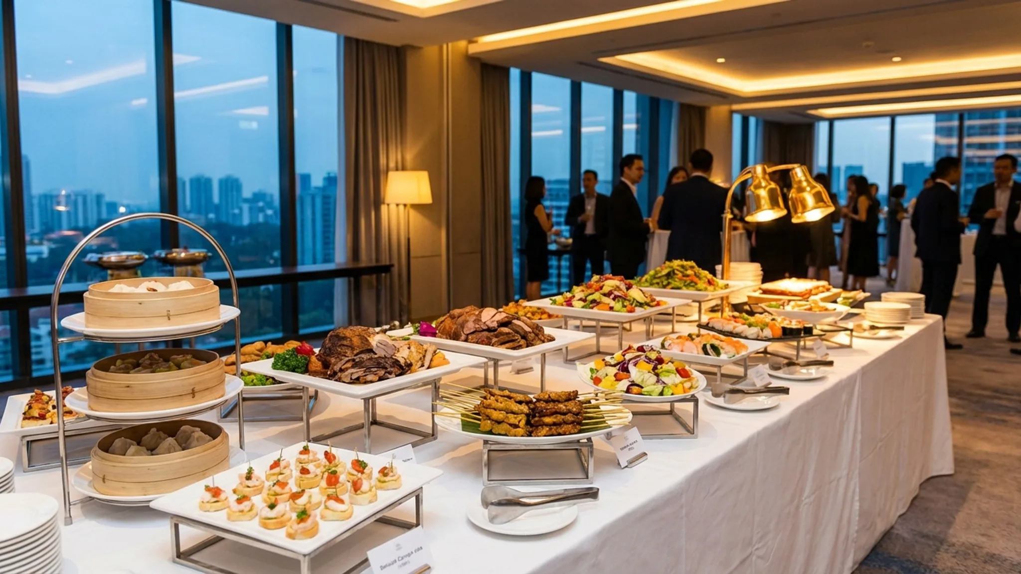 Elegant buffet catering spread at a Singapore corporate event with beautifully plated Asian and Western dishes