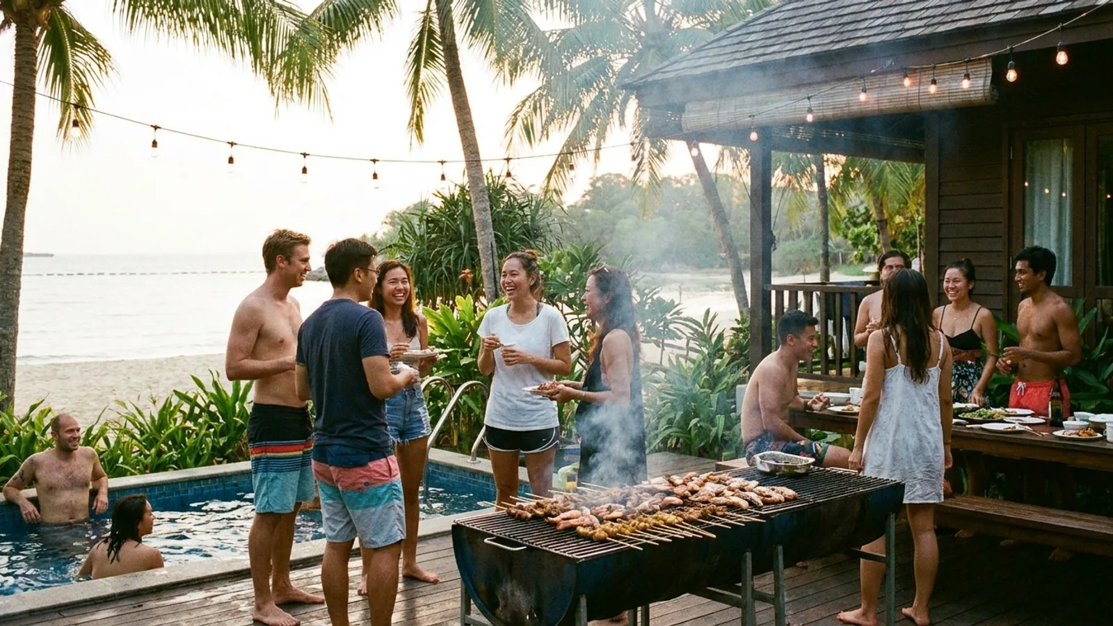 Friends gathered at a beachside chalet in Singapore with a barbecue pit and greenery in the evening