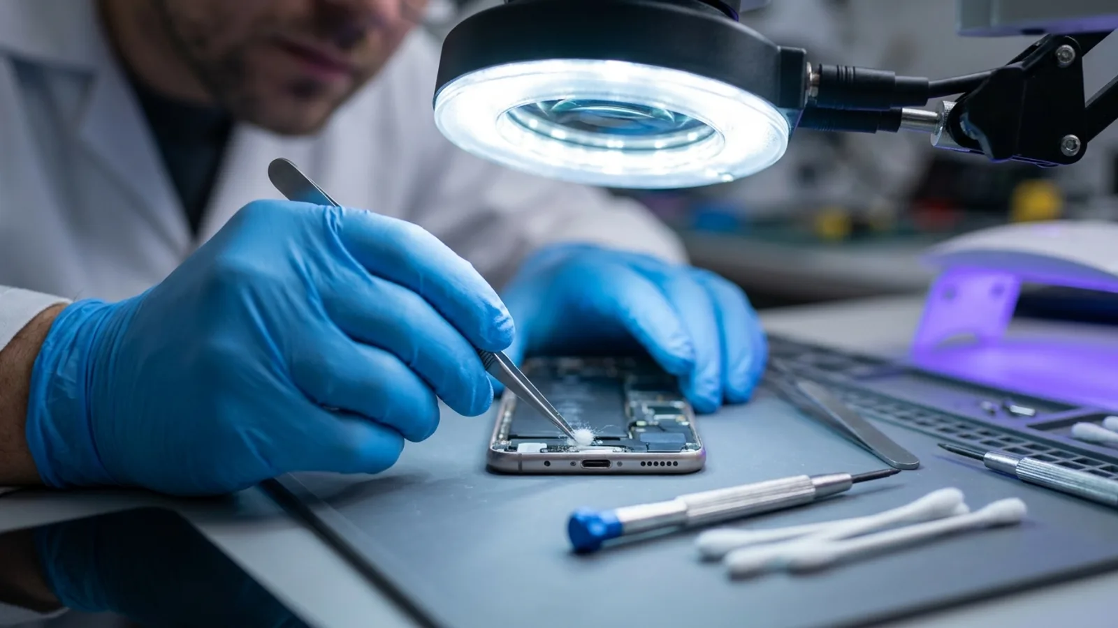 A repair technician cleaning and inspecting a smartphone charging port under a microscope on a clean repair bench in a Singapore phone repair shop