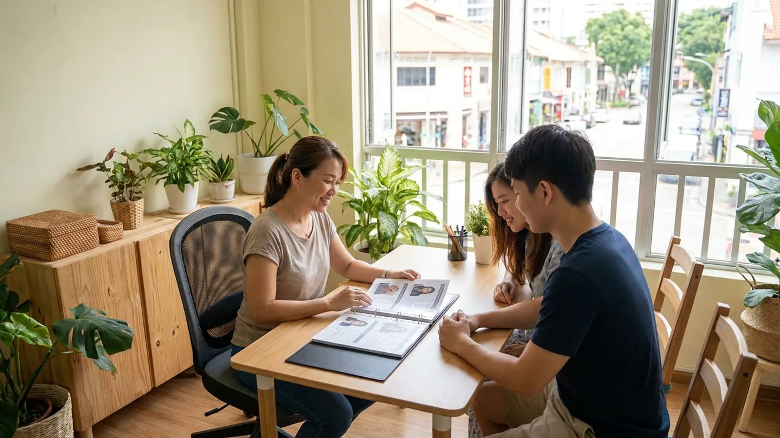 A friendly maid agency consultant reviewing helper profiles with a young couple in a bright Singapore office, representing the best affordable maid agencies in Singapore
